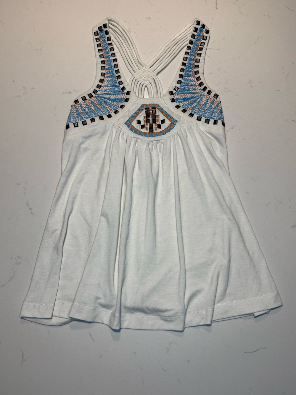 Y2K Wet Seal Women’s White Embroidered Racerback Tank Top - Blue Accent